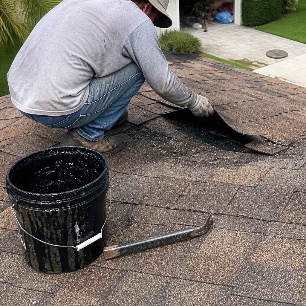 A roofing contractor applying sealant to repair residential asphalt shingles.