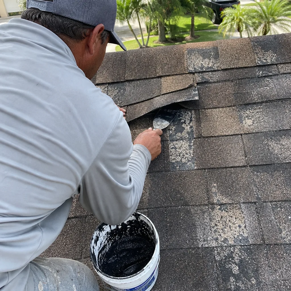 Professional roofer applying sealant during a shingle roof repair project