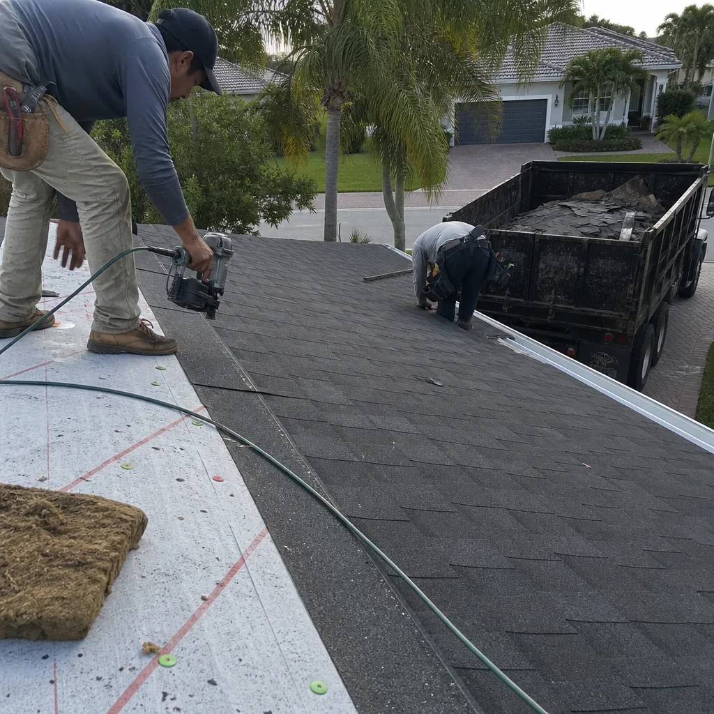 Roofers installing new asphalt shingles on a house roof replacement project in West Palm Beach, FL