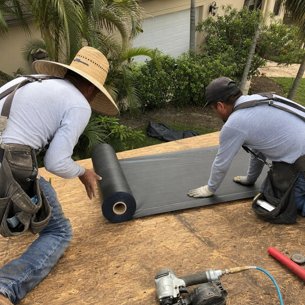 Two professional roofers installing black roof underlayment on a plywood deck.