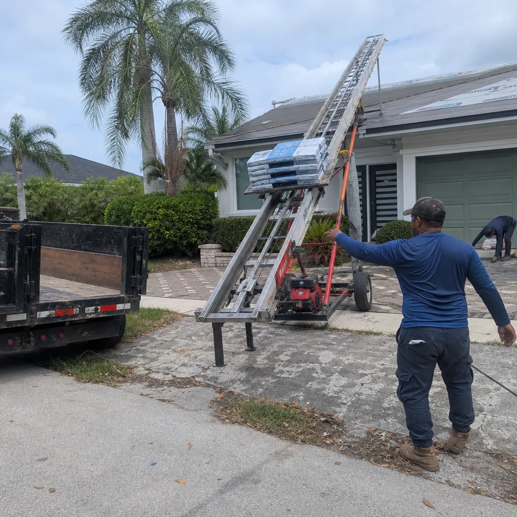 Roofing contractor using a motorized shingle conveyor lift on a residential job.